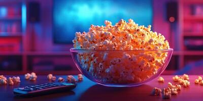 Enjoying popcorn while watching a movie in a cozy dimly lit living room with a colorful ambiance setup photo