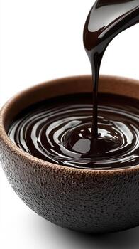 Rico chocolate salsa es vertido dentro un texturizado cuenco creando arremolinándose patrones en un brillante superficie foto