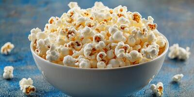 Bowl of fluffy popcorn ready for movie night at home with friends on a cozy evening photo