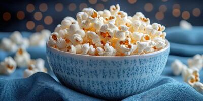 Freshly popped popcorn in a decorative bowl on a blue table setting with twinkling lights in the background photo