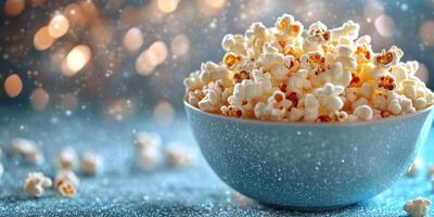Popcorn in a sparkle-filled bowl creates a festive mood for movie night or celebrations photo