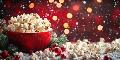 Holiday atmosphere created with popcorn and festive decorations in a cozy setting during winter photo