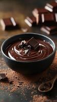 Rich chocolate sauce in a bowl with chocolate pieces and cocoa powder on a dark surface photo