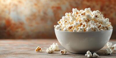 Freshly popped popcorn in a white bowl on a textured surface, perfect for movie night photo