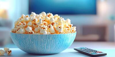 Bowl of freshly popped popcorn ready for a movie night at home with a cozy atmosphere photo