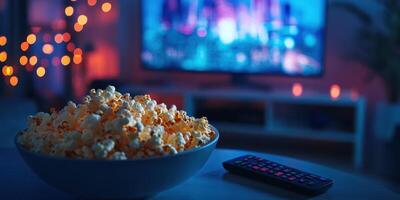 Enjoying a cozy movie night at home with popcorn and dim lighting in the background photo