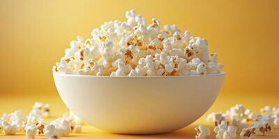 Bowl of freshly popped popcorn on a bright yellow background ideal for movie nights or snacks at home photo
