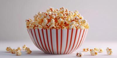 Deliciously buttery popcorn in a striped bowl ready for movie night with friends or family photo
