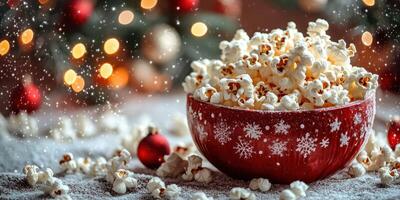 Festive popcorn bowl with snowflakes and holiday lights in cozy winter atmosphere photo