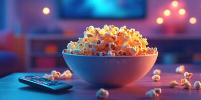Bowl of popcorn on a table ready for movie night with a remote control nearby in a cozy living room setting photo