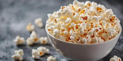Freshly popped popcorn in a white bowl on a textured surface ready for movie night or snacks photo