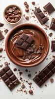 Rich chocolate dessert preparation with melted and solid chocolate pieces on a white surface photo