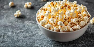 Freshly popped popcorn in a white bowl on a textured gray surface for movie night snacks photo