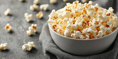 Tasty popcorn served in a white bowl on a dark textured surface with scattered kernels around photo