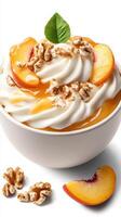 Delicious dessert with whipped cream, peaches, and caramel sauce in a bowl during summer photo