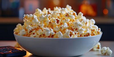 Freshly popped popcorn fills a large bowl, perfect for movie night at home with friends and family in a cozy setting photo