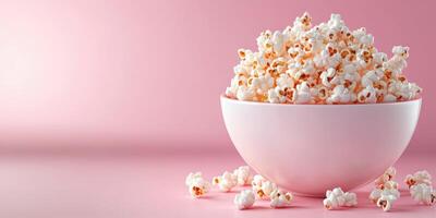 Fresh popcorn in a white bowl against a soft pink background, perfect for movie nights and snacks photo