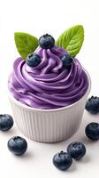 Delicious blueberry-flavored dessert served in a white bowl with fresh blueberries and mint leaves on top photo