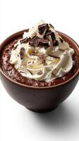 Decadent chocolate pudding topped with whipped cream and chocolate shavings served in a brown bowl photo