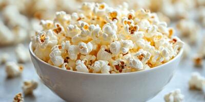 Bowl of freshly popped popcorn sits amid scattered kernels on a light surface in a cozy setting photo