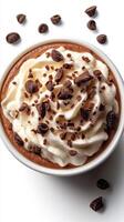 Decadent chocolate dessert topped with whipped cream and chocolate shavings served on a clean background photo
