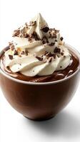 Decadent chocolate mousse topped with whipped cream and chocolate shavings served in a brown bowl photo
