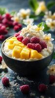 Colorful bowl of coconut rice topped with fresh mango, raspberries, and edible flowers displayed on a dark table photo