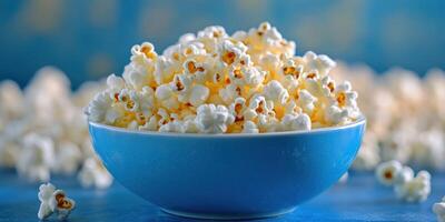 Tasty bowl of freshly popped popcorn on a blue background with scattered popcorn kernels nearby photo