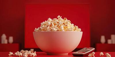 Enjoying a bowl of freshly popped popcorn with a remote control against a vibrant red backdrop photo