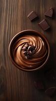 Creamy chocolate mousse garnished with chocolate chips served in a rustic bowl on a wooden surface photo