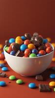 Colorful chocolates and candies filling a white bowl on a brown surface in a whimsical arrangement photo