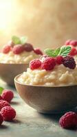 Creamy rice pudding topped with fresh raspberries and mint on a sunny kitchen table photo
