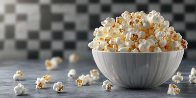 Bowl of fluffy popcorn on a textured surface with scattered kernels in a stylish kitchen setting photo