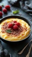 Delicious creamy dessert topped with raspberries and chocolate on a dark background photo