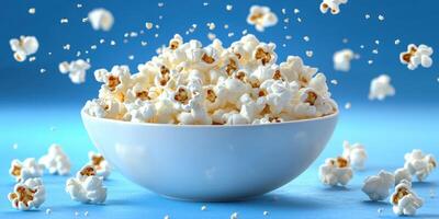 Freshly popped popcorn fills a bowl against a blue background, showcasing its fluffy texture and lightness in a playful arrangement photo