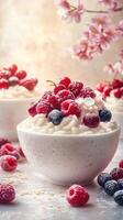 Fresh berries and creamy dessert served in bowl surrounded by blossoms in soft lighting photo