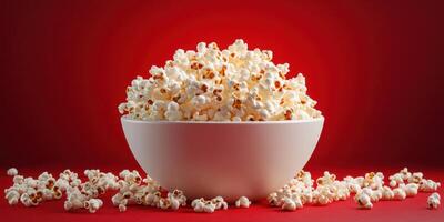 Giant bowl of fluffy popcorn surrounded by scattered kernels against a red background photo