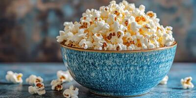 Bowls filled with freshly popped popcorn on a textured blue background ideal for movie night or snack time photo