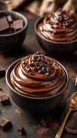 Rich chocolate mousse served in black bowls with chocolate shavings on top against a dark background photo