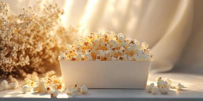 Freshly popped popcorn served in a white bowl on a textured surface with soft lighting and dried flowers in the background photo