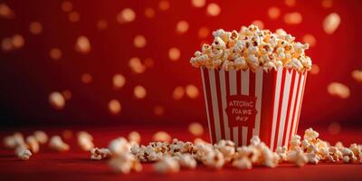 Enjoying fresh popcorn in a striped bucket against a vibrant red background during movie night at home photo