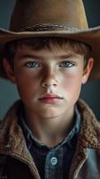 Young cowboy with piercing blue eyes and a textured brown hat displays a serious expression in a rustic setting photo