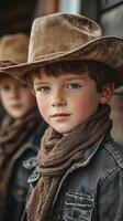 Young cowboys in rustic attire display determination and confidence during a western-themed event in the countryside photo