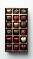 Assorted heart-shaped chocolates arranged neatly in a golden box for special occasions and celebrations photo