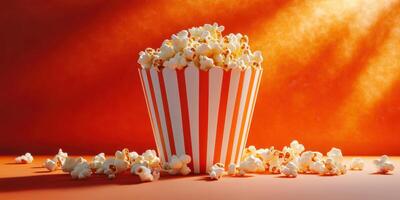 Colorful popcorn bucket overflowing with fresh popcorn against a vibrant orange background photo
