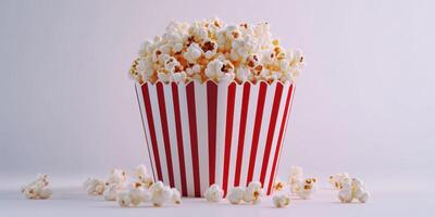 Freshly popped popcorn in a striped container ready for movie night at home photo