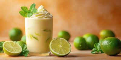 Refreshing lime smoothie served with whipped cream and mint on a wooden table surrounded by fresh limes photo