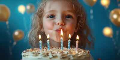 Child celebrates birthday with cake and candles in festive atmosphere photo