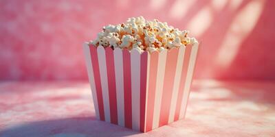 Delicious popcorn in a pink striped container against a soft pink background, perfect for movie night or a fun gathering photo
