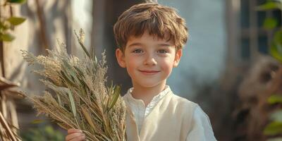 Young child smiles while holding a bouquet of dried grass in a sunlit outdoor setting during the afternoon photo